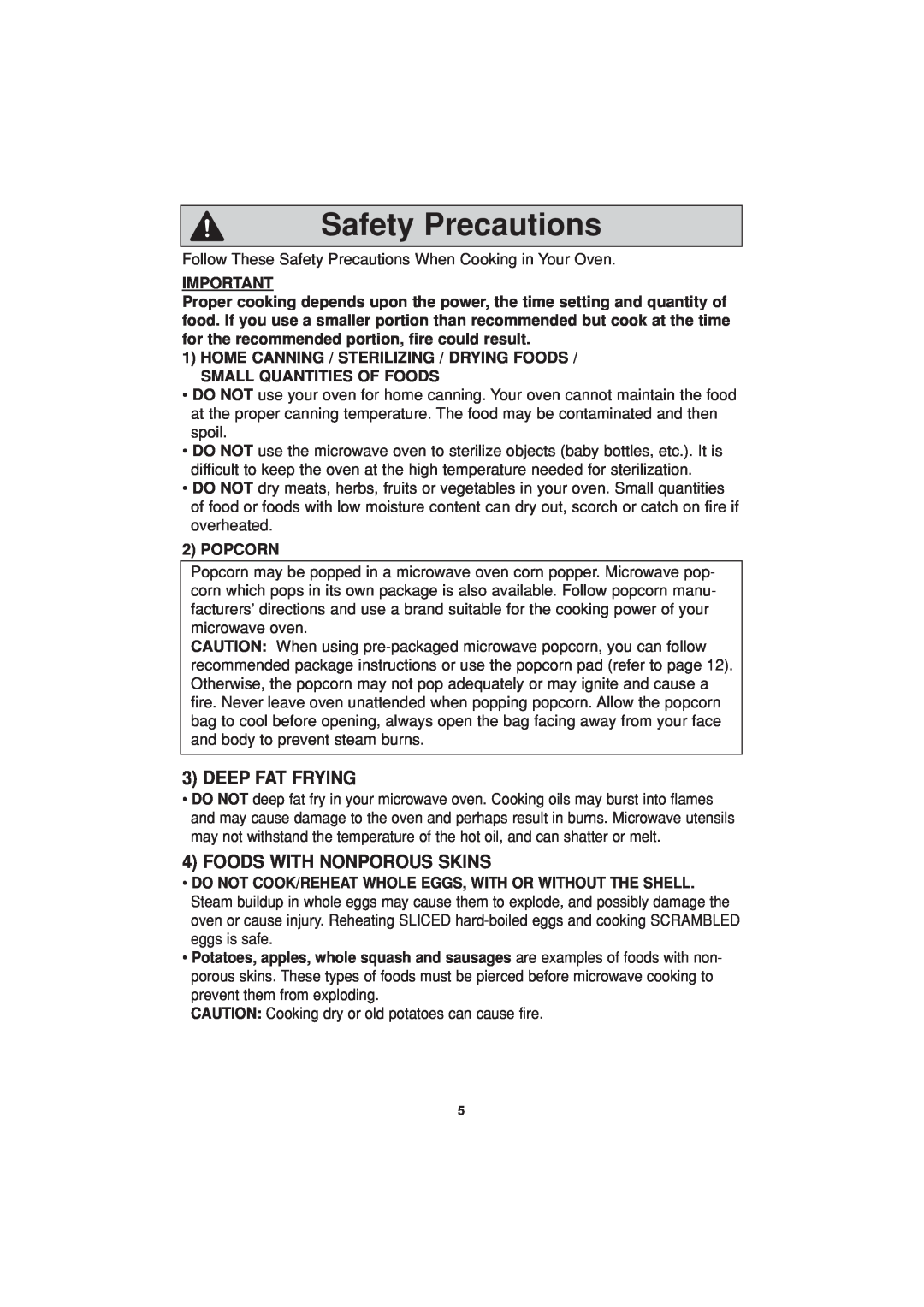 Panasonic NN-H624 operating instructions Safety Precautions, Deep Fat Frying, Foods With Nonporous Skins 