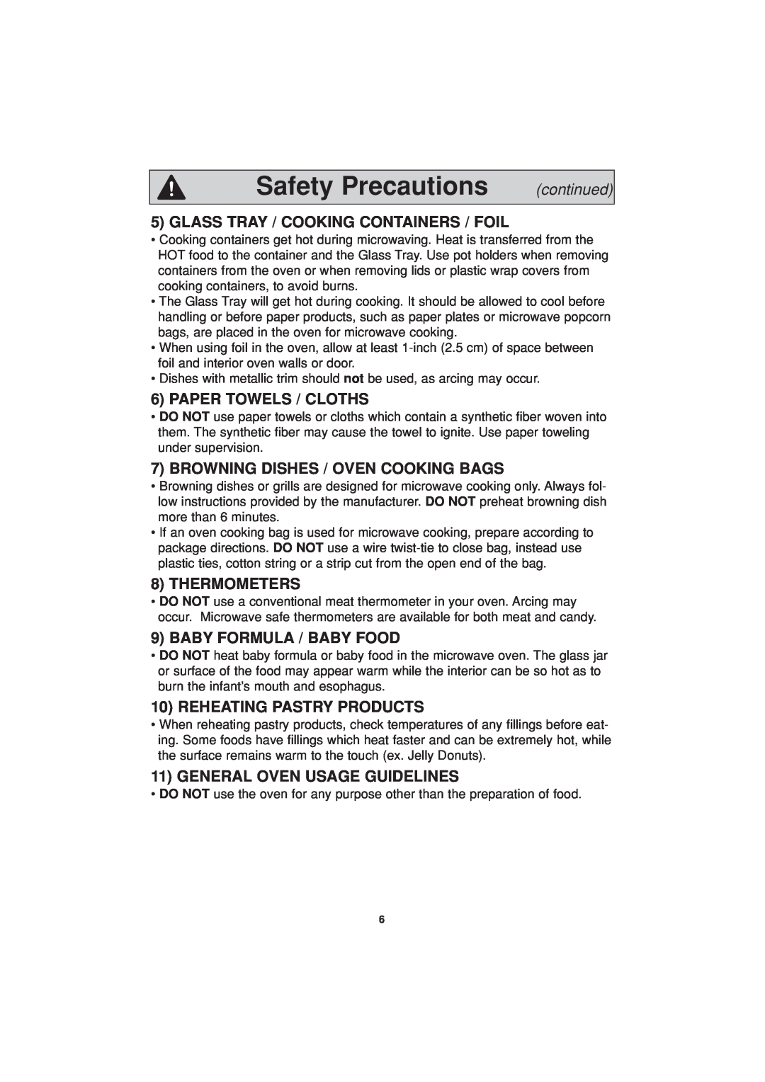Panasonic NN-H624 Safety Precautions, Glass Tray / Cooking Containers / Foil, Paper Towels / Cloths, Thermometers 