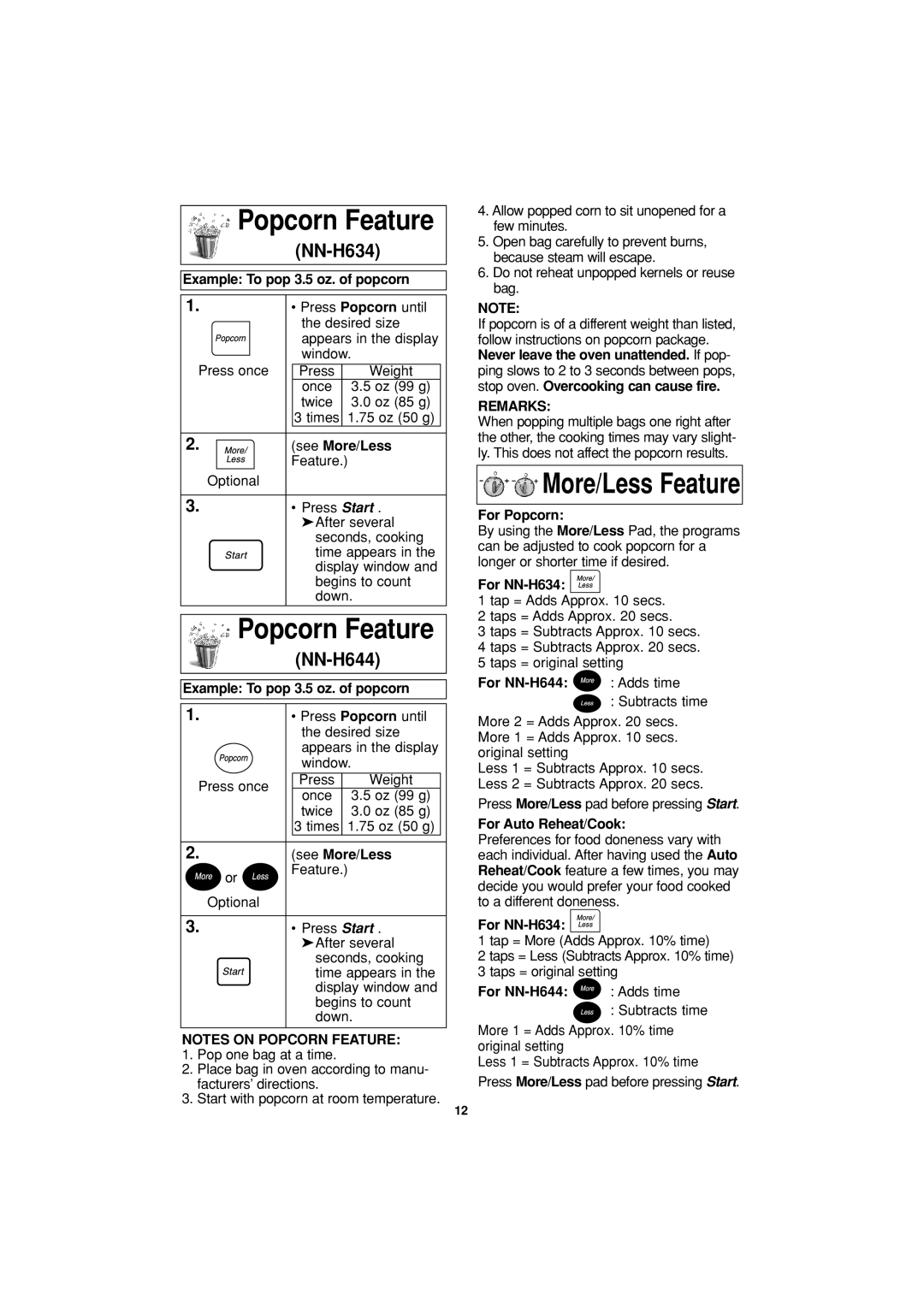 Panasonic NN-H644 important safety instructions Popcorn Feature, More/Less Feature, NN-H634, Remarks 