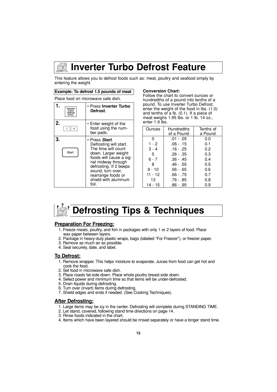 Panasonic NN-H634 Inverter Turbo Defrost Feature, Defrosting Tips & Techniques, Example To defrost 1.5 pounds of meat 