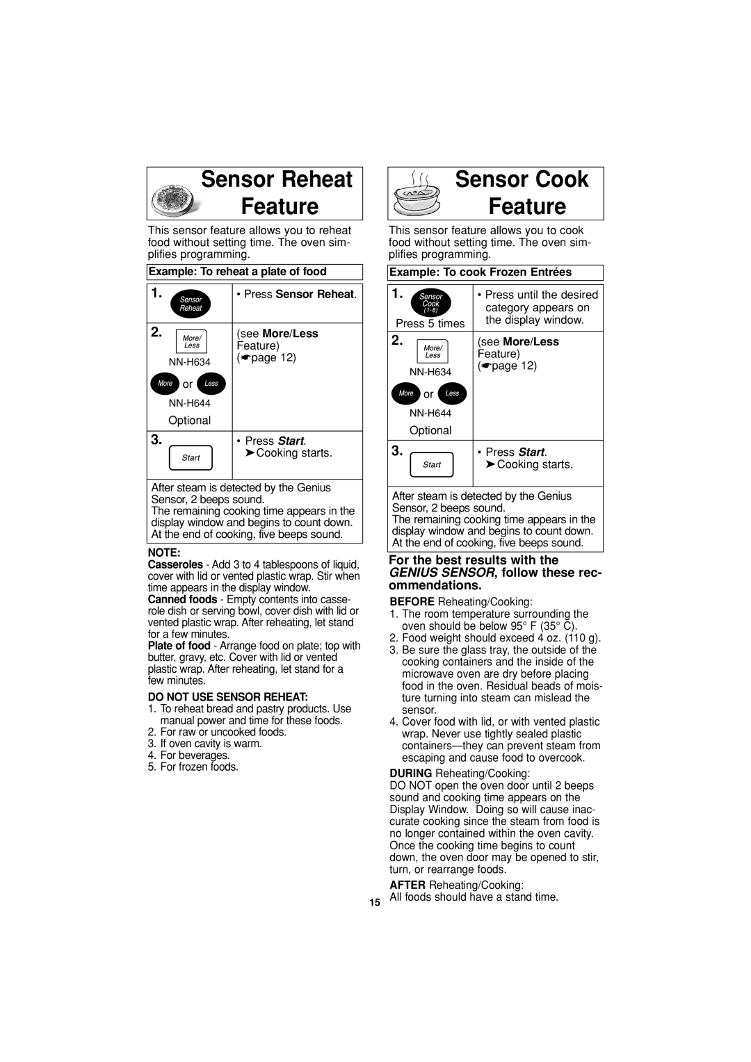 Panasonic NN-H634 Sensor Reheat Feature, Sensor Cook Feature, Example To cook Frozen Entrées, Do not USE Sensor Reheat 