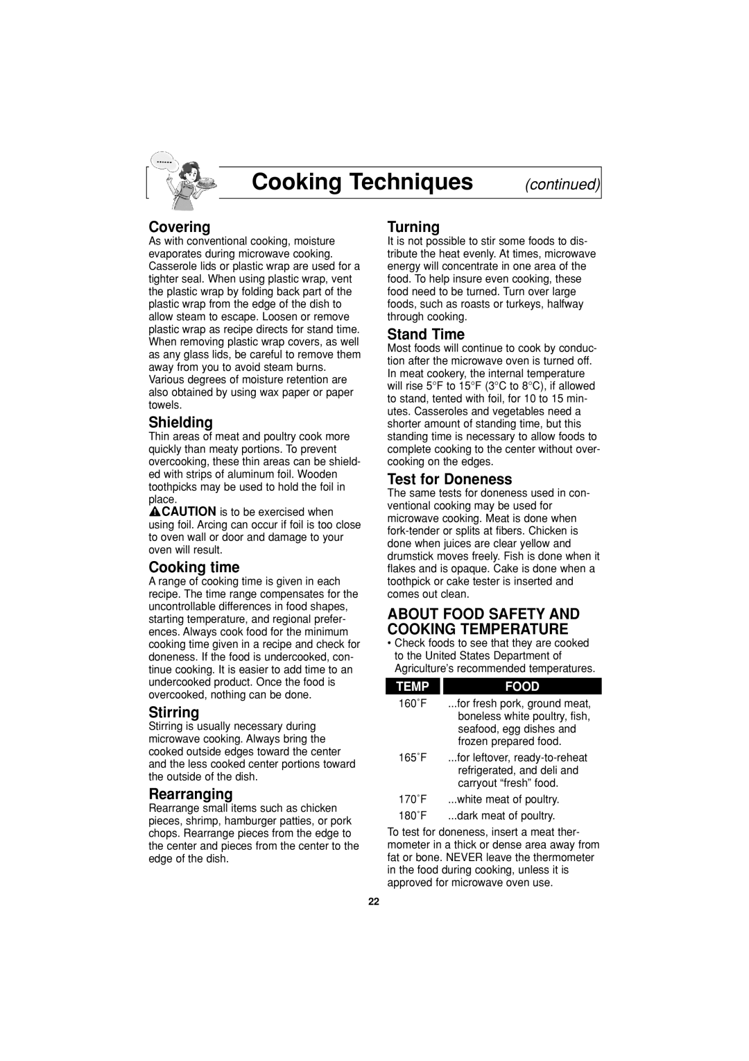 Panasonic NN-H644 Covering, Shielding, Cooking time, Stirring, Rearranging, Turning, Stand Time, Test for Doneness 