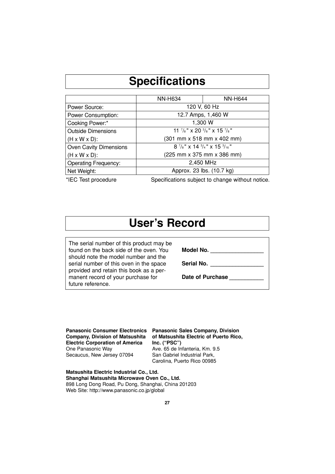 Panasonic NN-H634, NN-H644 Specifications, User’s Record, Model No, Serial No, Date of Purchase 