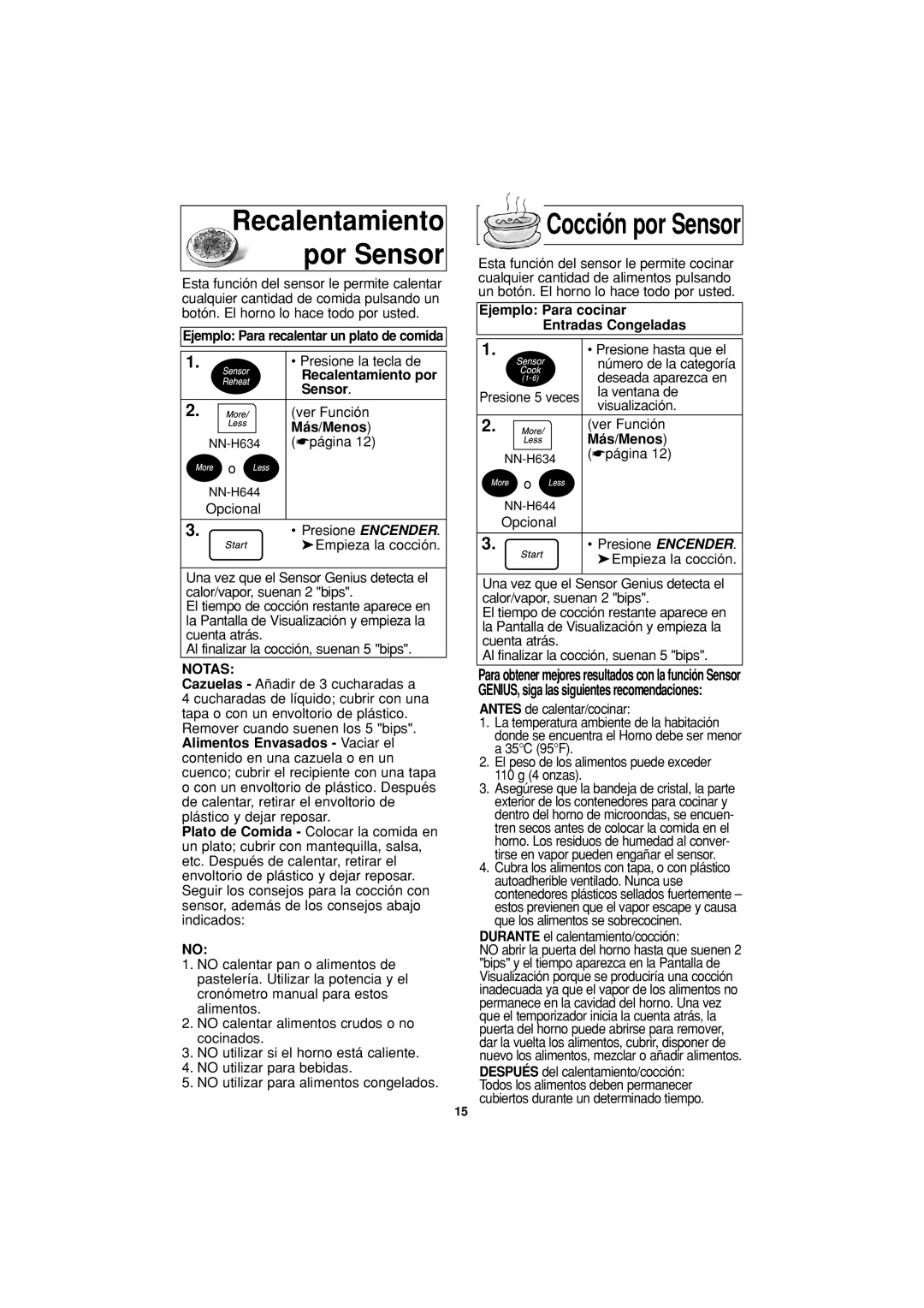 Panasonic NN-H634, NN-H644 Recalentamiento por Sensor, Ejemplo Para recalentar un plato de comida 