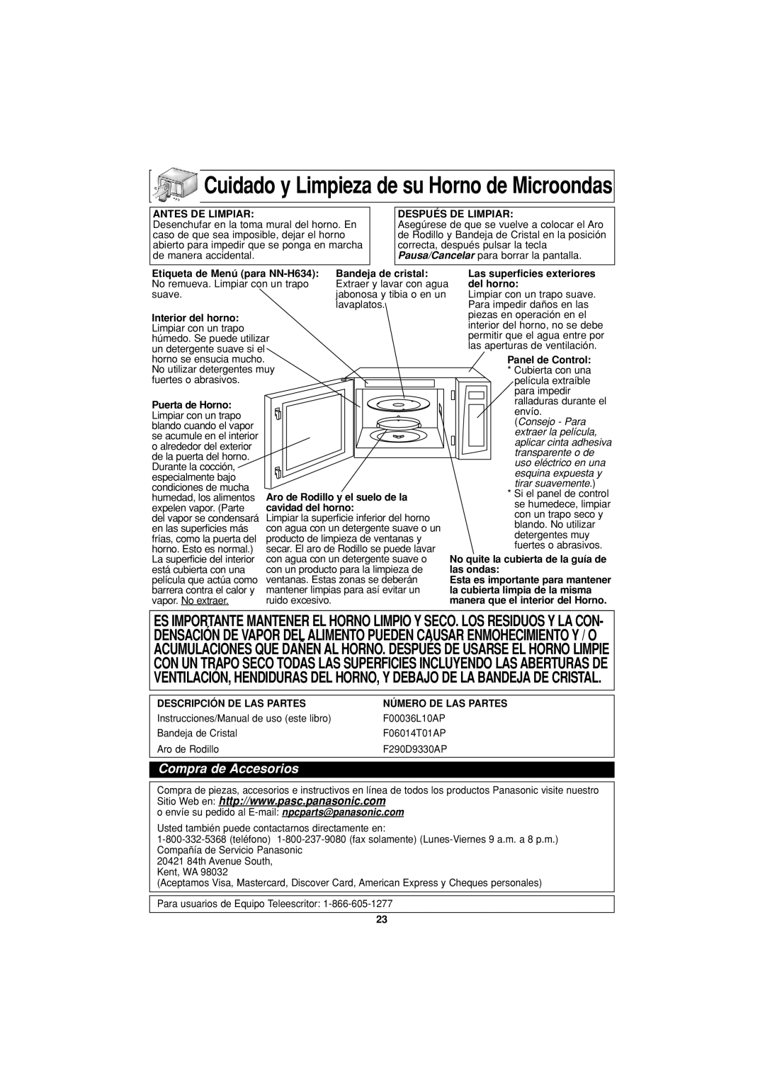 Panasonic NN-H634, NN-H644 important safety instructions Cuidado y Limpieza de su Horno de Microondas 