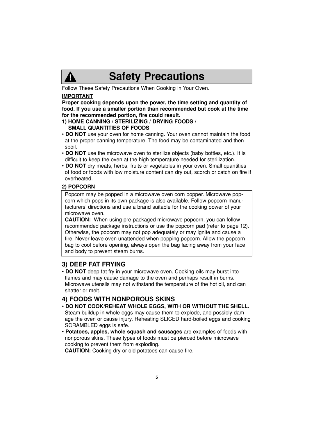 Panasonic NN-H634, NN-H644 important safety instructions Safety Precautions, Deep FAT Frying, Foods with Nonporous Skins 