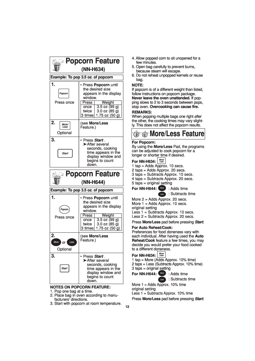 Panasonic NN-H644 important safety instructions Popcorn Feature, More/Less Feature, NN-H634 