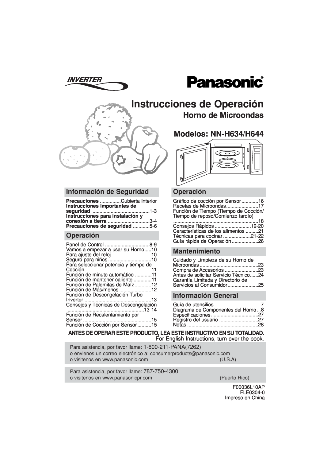 Panasonic Instrucciones de Operación, Horno de Microondas Modelos NN-H634/H644, Información de Seguridad, Mantenimiento 