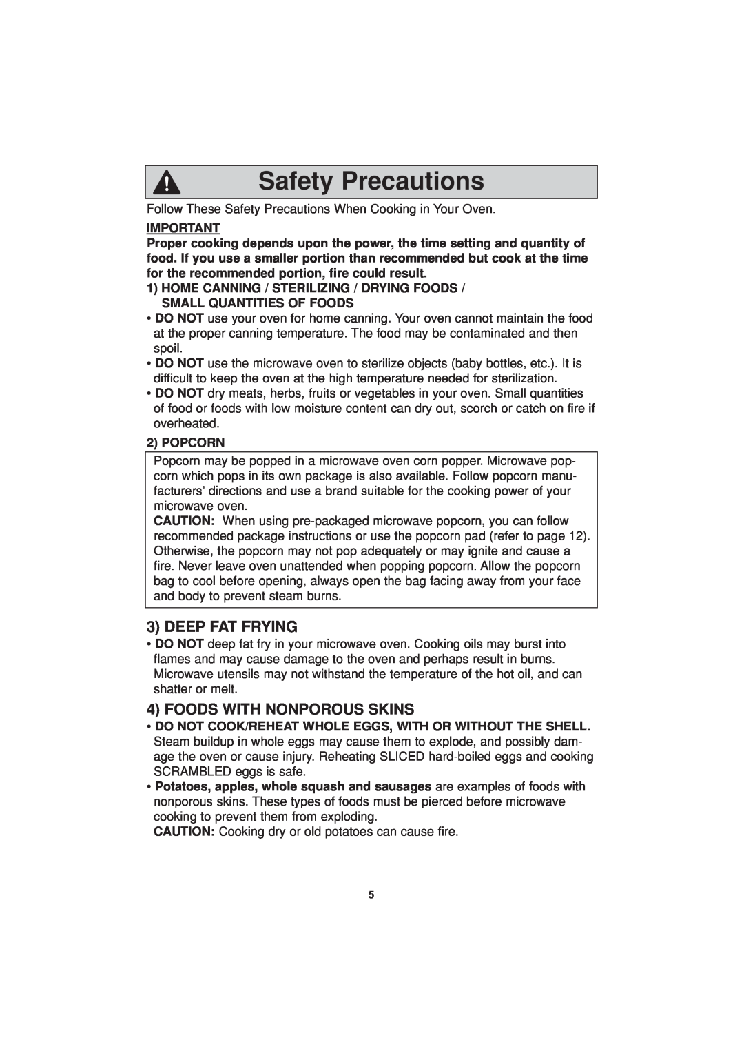 Panasonic NN-H634, NN-H644 important safety instructions Safety Precautions, Deep Fat Frying, Foods With Nonporous Skins 