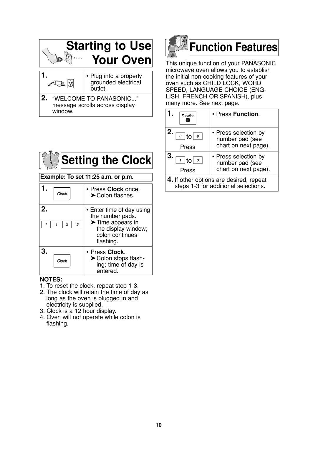 Panasonic NN-H765WF Starting to Use Your Oven, Setting the Clock, Function Features, Example To set 1125 a.m. or p.m 