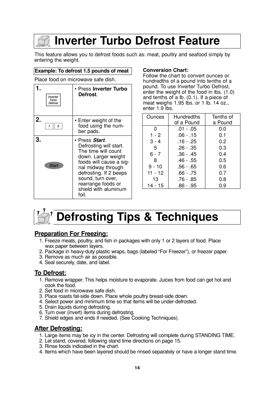 Panasonic NN-H965 Inverter Turbo Defrost Feature, Defrosting Tips & Techniques, Example To defrost 1.5 pounds of meat 