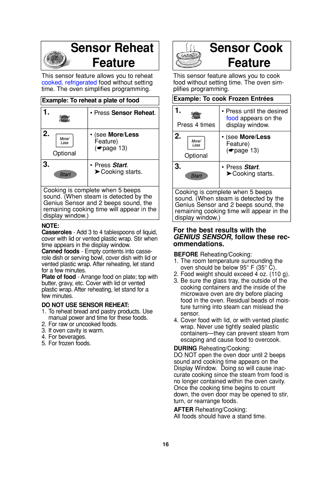 Panasonic NN H735 Sensor Reheat Feature, Sensor Cook Feature, Do not USE Sensor Reheat, Example To cook Frozen Entrées 