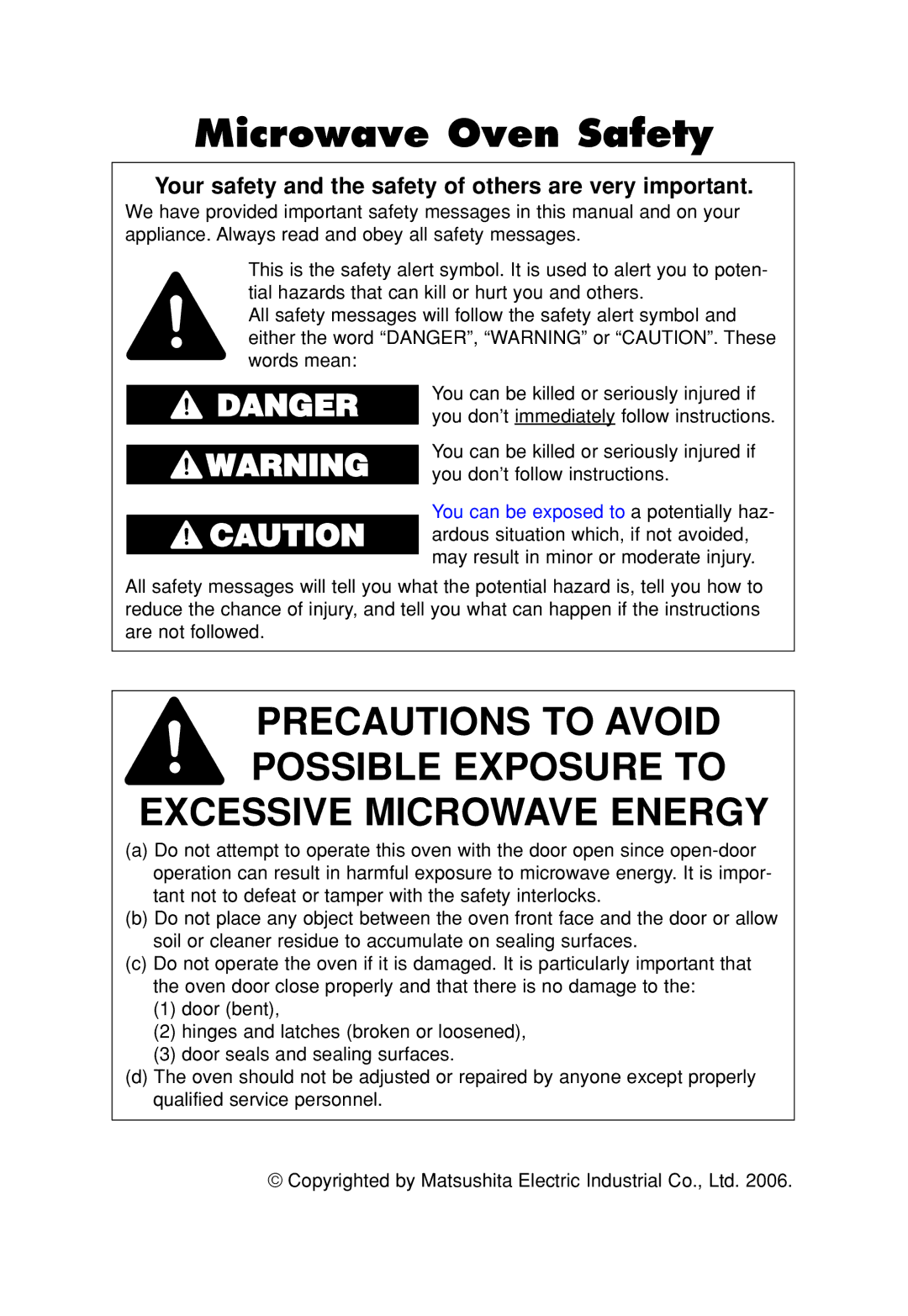 Panasonic NN-H965WF, NN H735, NN-SN776 Microwave Oven Safety, Your safety and the safety of others are very important 