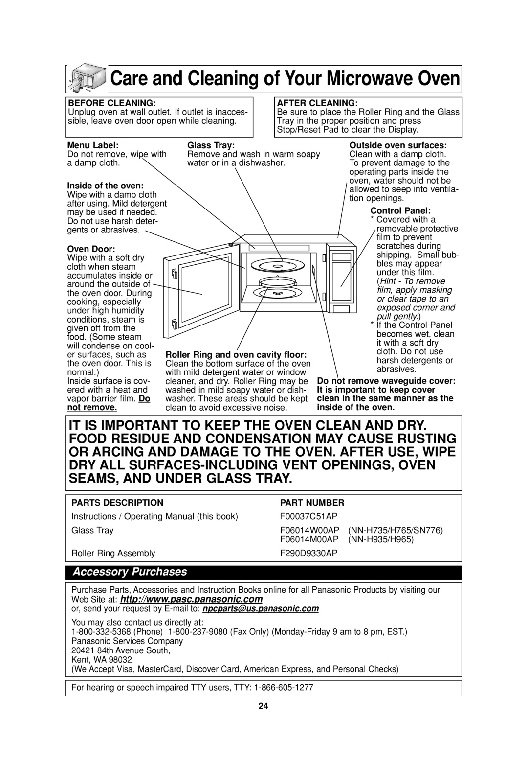 Panasonic NNH765BF, NN H735, NN-SN776, NN-H965WF, NN-H765WF, NN-H965BF, NN-H935 Care and Cleaning of Your Microwave Oven 