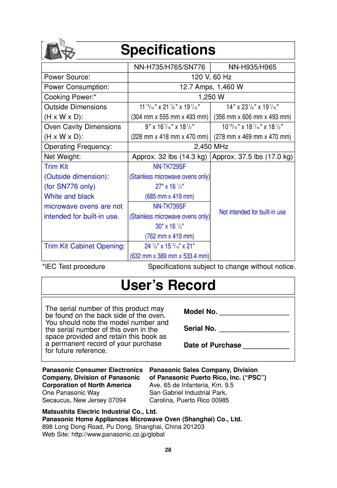 Panasonic NN-H765WF, NN H735, NN-SN776, NN-H965WF, NN-H935 Specifications, User’s Record, Model No Serial No Date of Purchase 