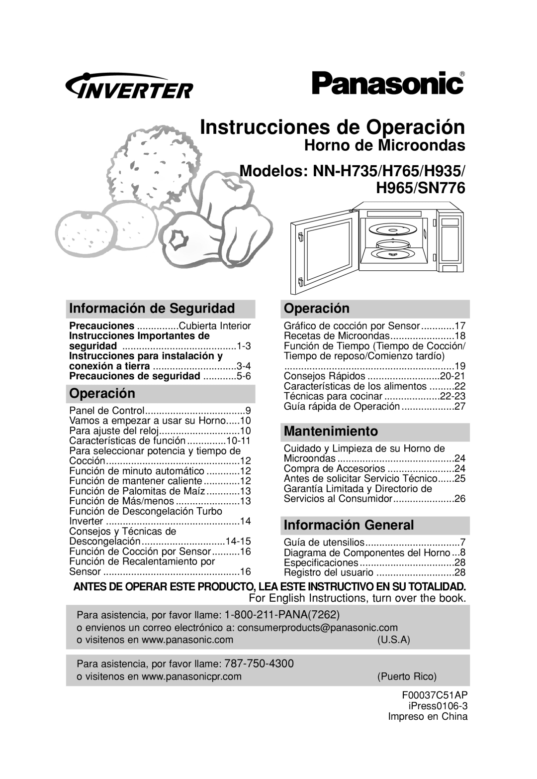 Panasonic NN-H965BF, NN H735 Instrucciones de Operación, Información de Seguridad, Mantenimiento, Información General 