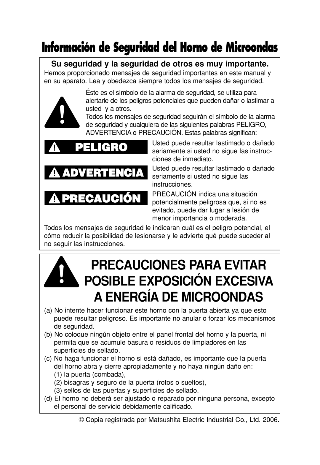 Panasonic NN-H765 Información de Seguridad del Horno de Microondas, Su seguridad y la seguridad de otros es muy importante 