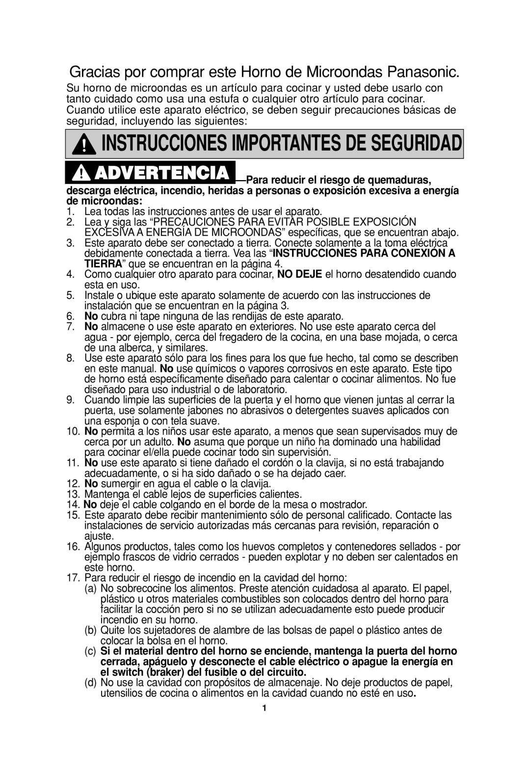 Panasonic NN-H935, NN H735, NN-SN776, NN-H965WF, NN-H765WF, NN-H965BF, NNH765BF Instrucciones Importantes DE Seguridad 