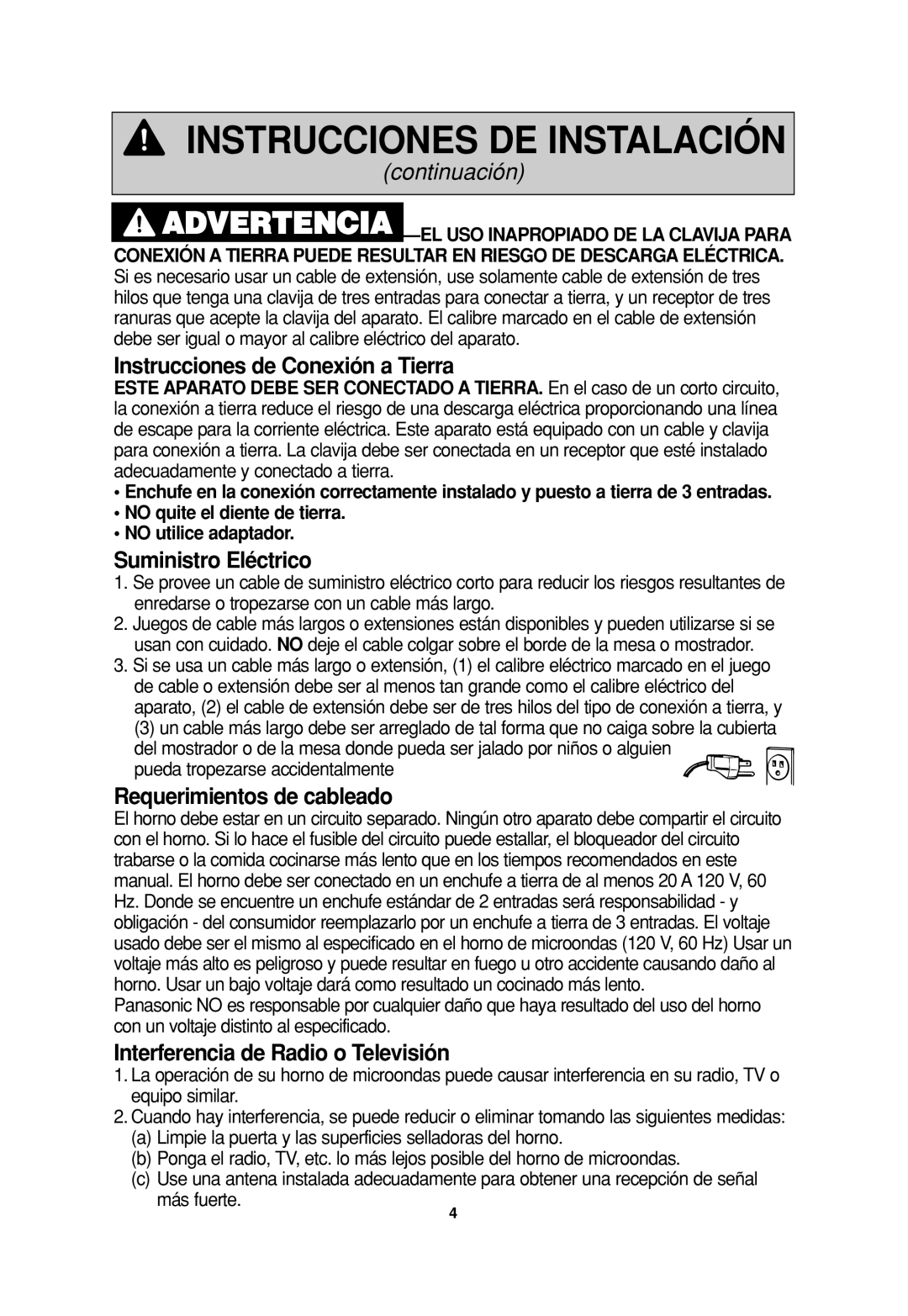 Panasonic NN H735, NN-SN776, NN-H965WF Instrucciones de Conexión a Tierra, Suministro Eléctrico, Requerimientos de cableado 