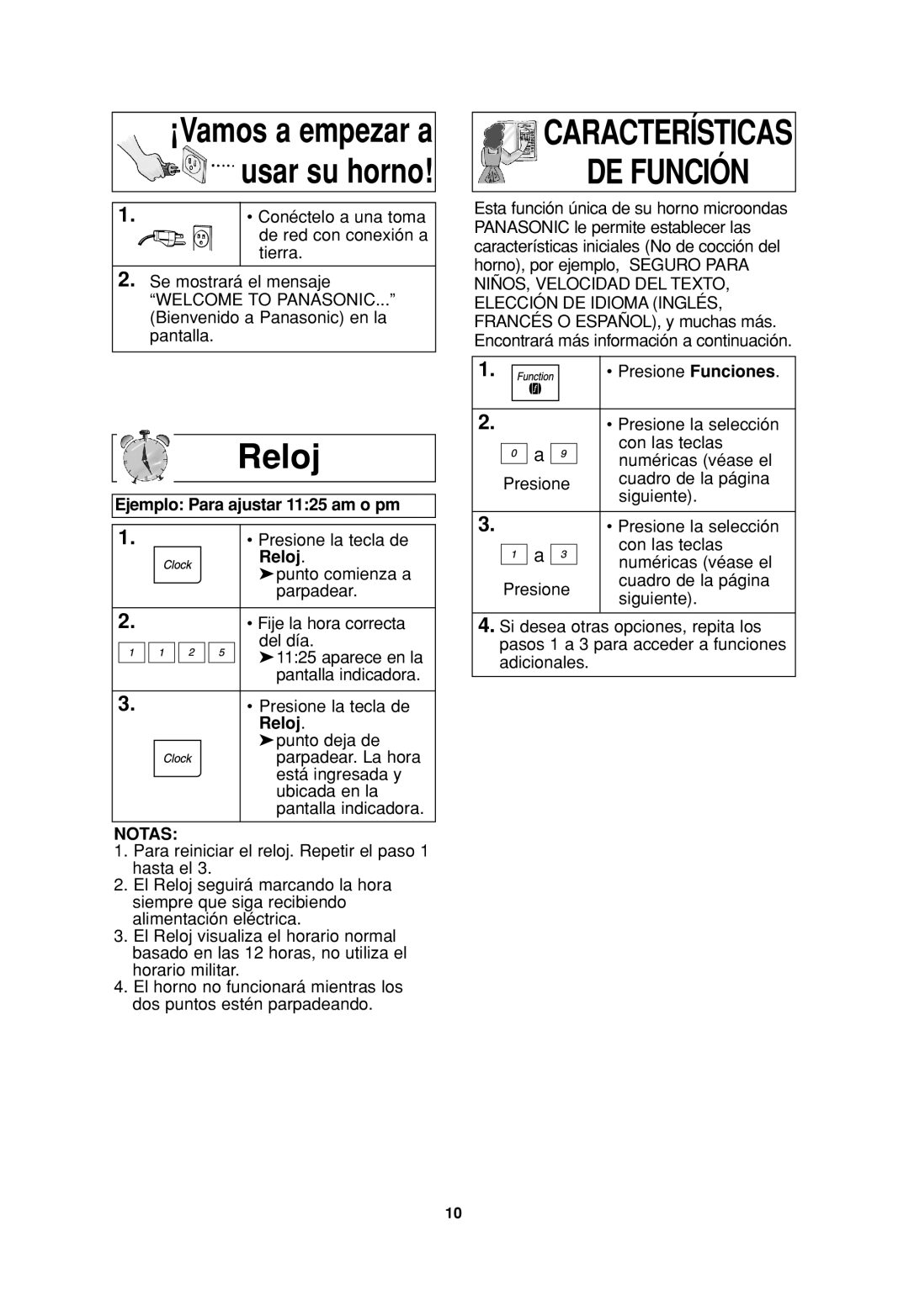 Panasonic NN-H935, NN H735, NN-SN776, NN-H965WF, NN-H765WF, NN-H965BF, NNH765BF Reloj, Ejemplo Para ajustar 1125 am o pm, Notas 