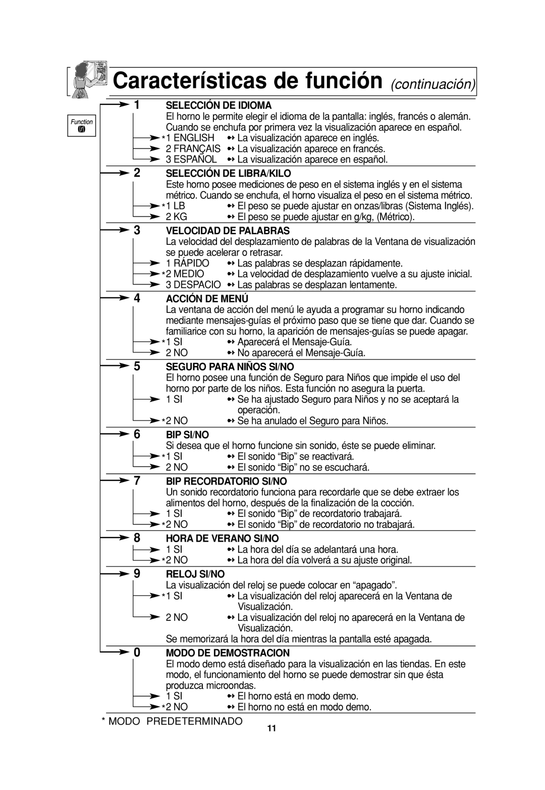 Panasonic NN-H965, NN H735 Selección DE Idioma, Selección DE LIBRA/KILO, Velocidad DE Palabras, Acción DE Menú, Bip Si/No 