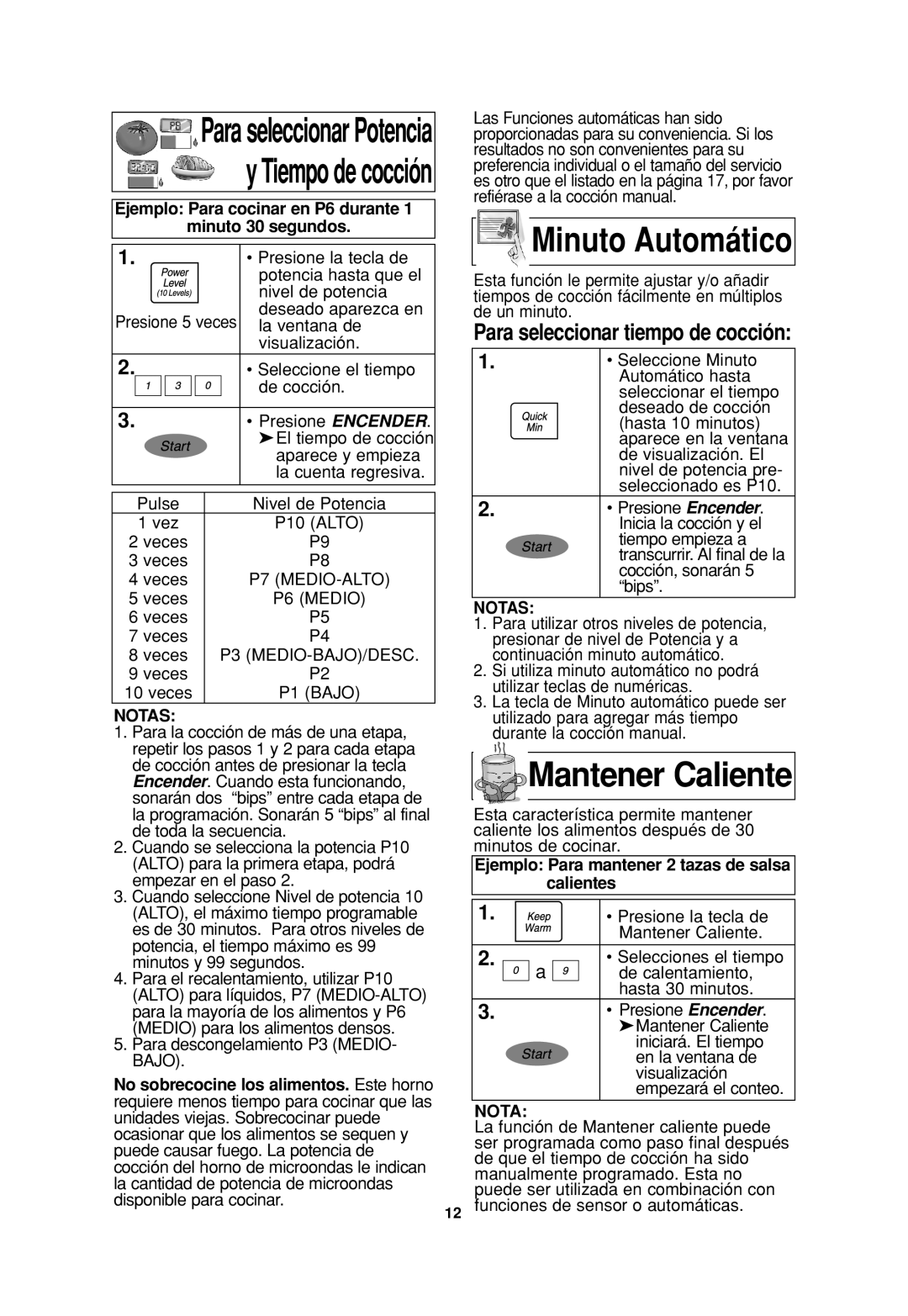 Panasonic NNH765BF, NN H735, NN-SN776 Mantener Caliente, Minuto Automático, Para seleccionar tiempo de cocción, Nota 