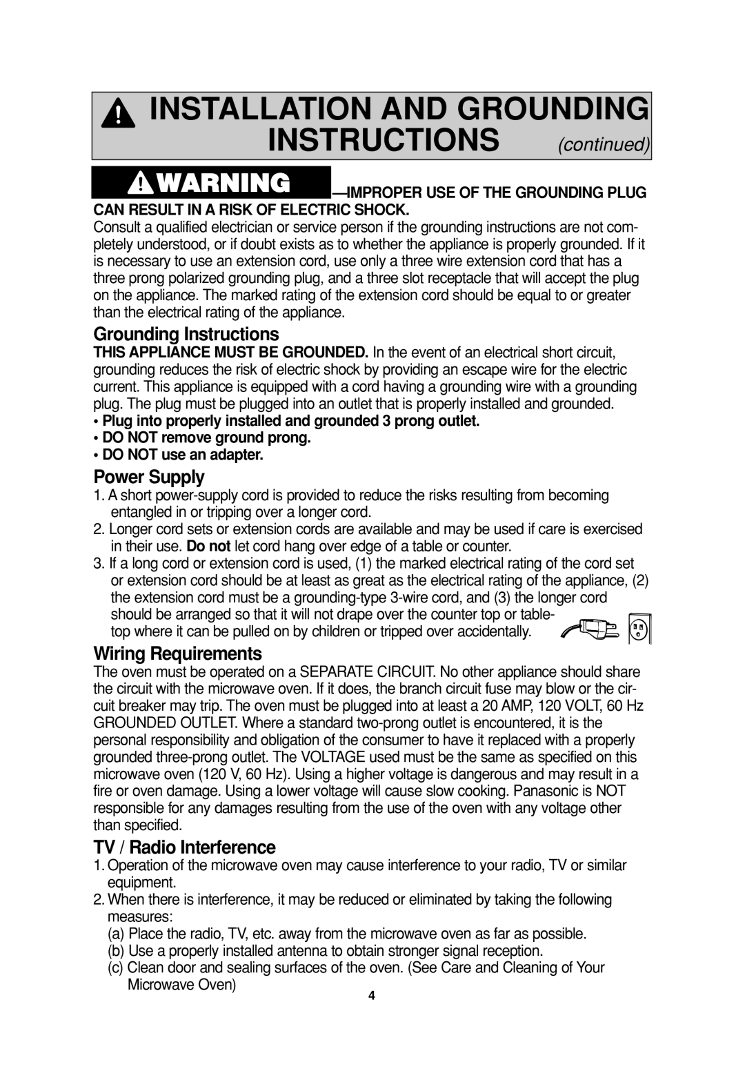 Panasonic NN-H935, NN H735, NN-SN776 Grounding Instructions, Power Supply, Wiring Requirements, TV / Radio Interference 