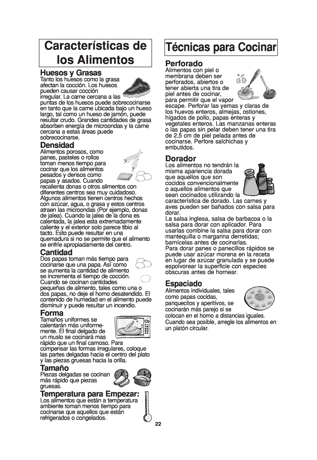 Panasonic NN H735 Características de los Alimentos, Técnicas para Cocinar, Huesos y Grasas, Densidad, Cantidad, Forma 