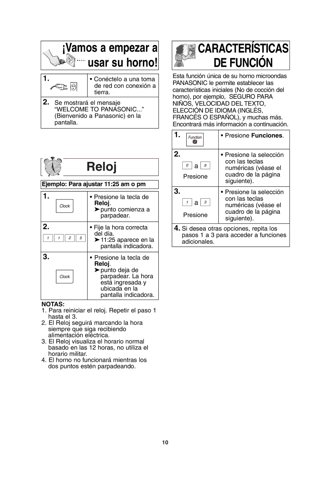 Panasonic NN H765WF, NN H965WF, NN H765BF important safety instructions Reloj, Ejemplo Para ajustar 1125 am o pm, Notas 