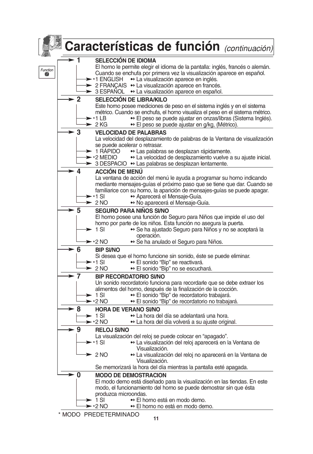 Panasonic NN H965WF Selección DE Idioma, Selección DE LIBRA/KILO, Velocidad DE Palabras, Acción DE Menú, Bip Si/No 