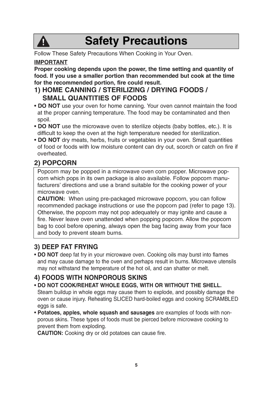 Panasonic NN H965WF, NN H765WF, NN H765BF Safety Precautions, Popcorn, Deep FAT Frying, Foods with Nonporous Skins 