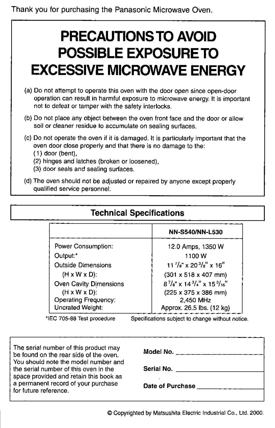 Panasonic NN-L530, NNS540 manual 