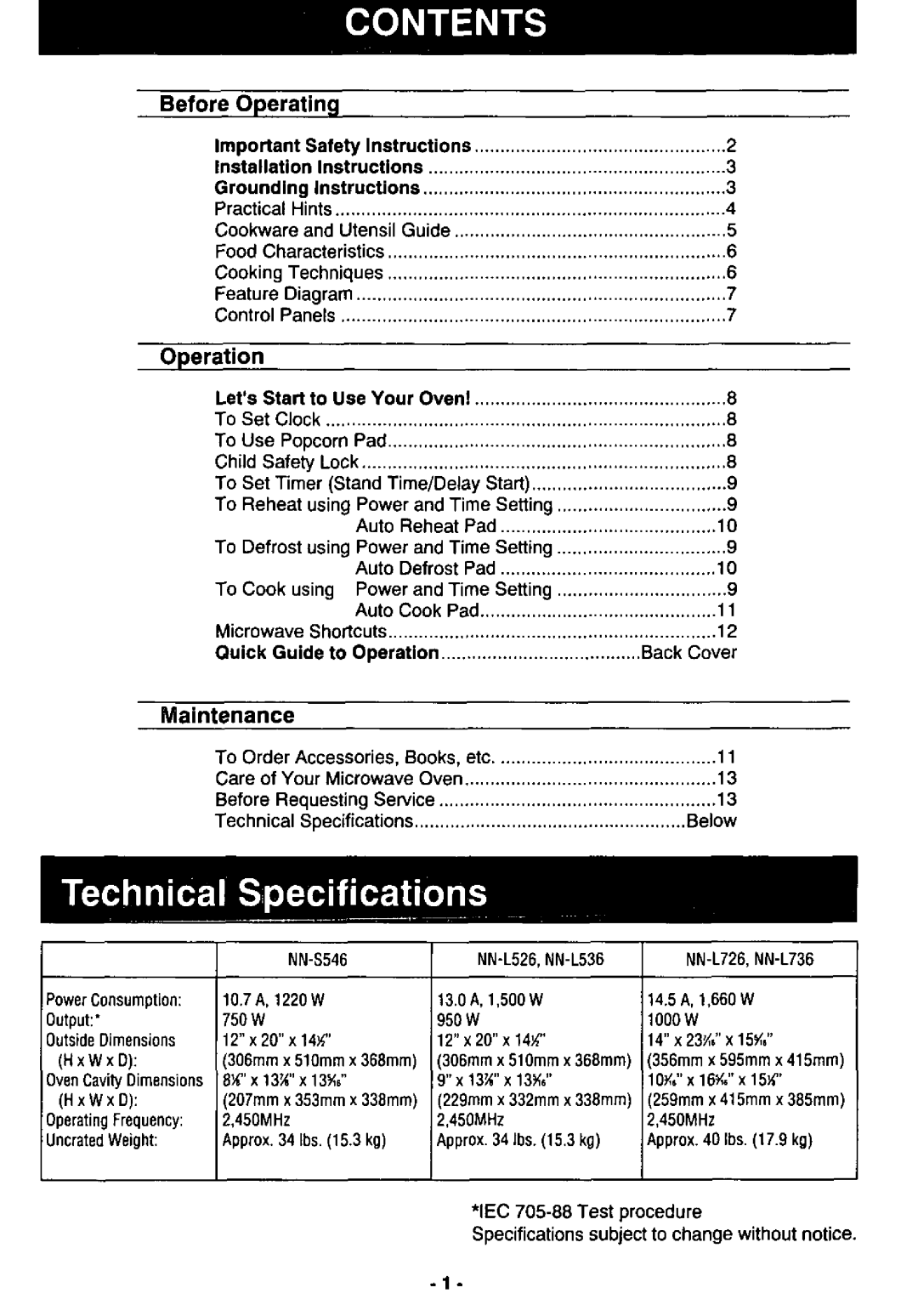 Panasonic NN-L536, NN-L736, NN-L726, NN-L526 manual 