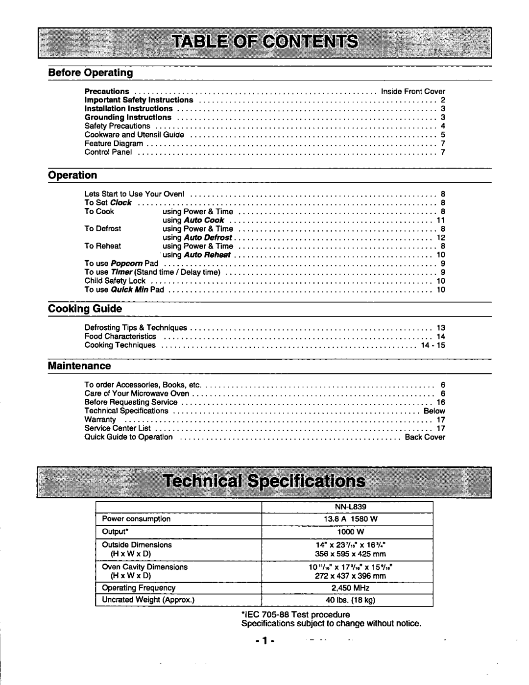 Panasonic NN-L839 manual 