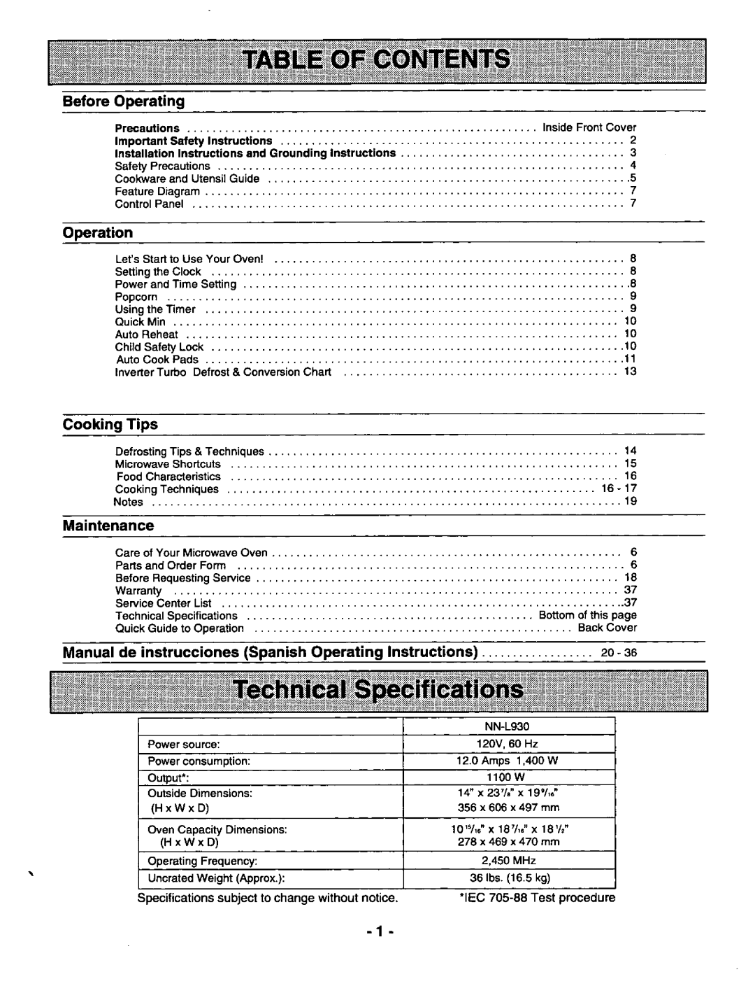 Panasonic NN-L930 manual 