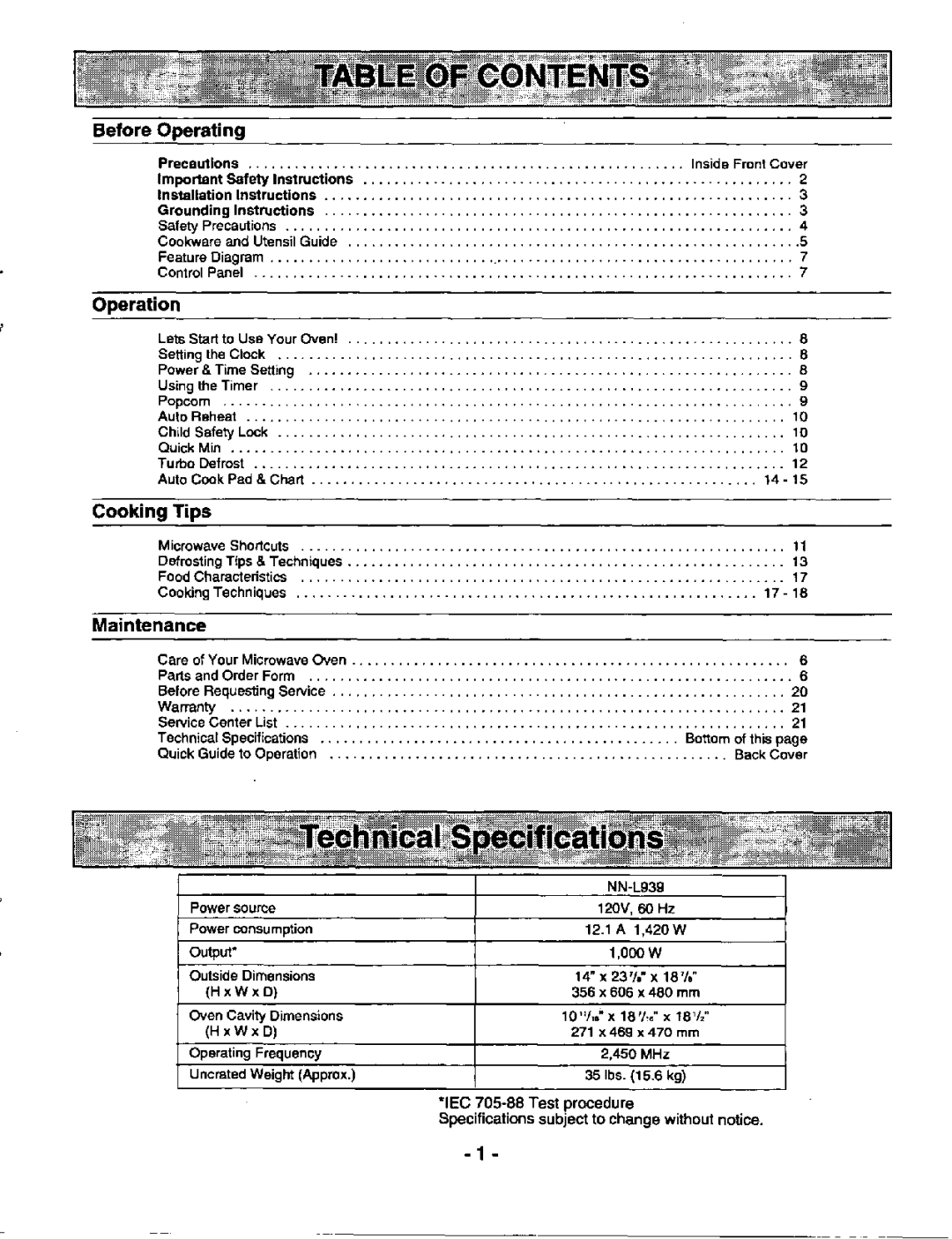 Panasonic NN-L939 manual 