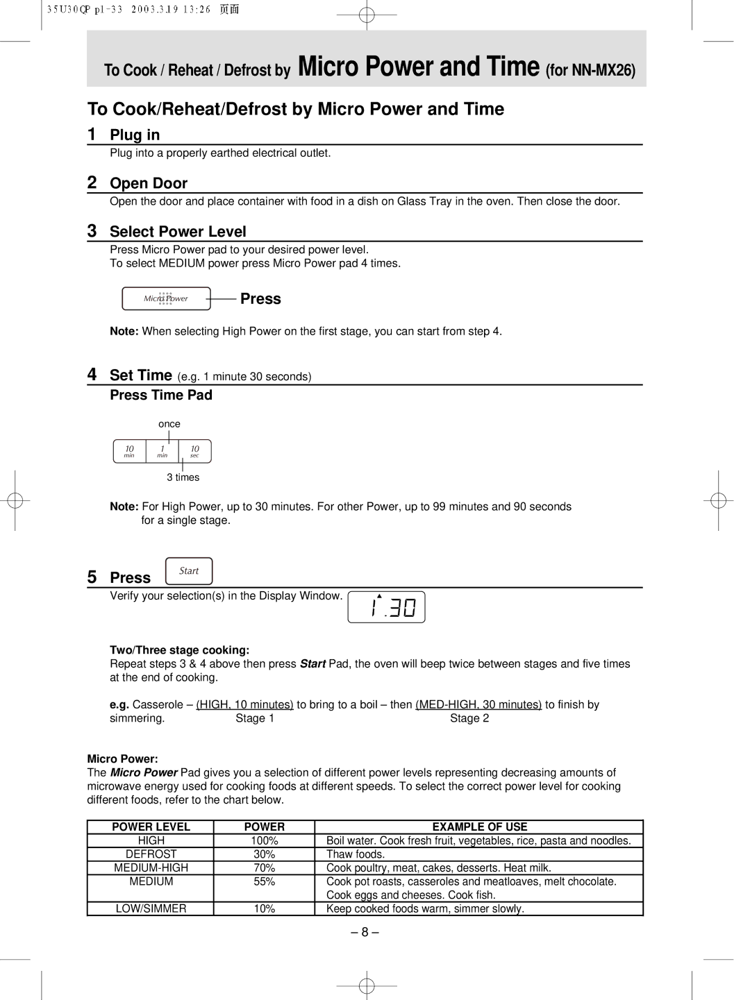 Panasonic NN-MX21 manual Open Door, Select Power Level, Press Time Pad, Power Level Example of USE 