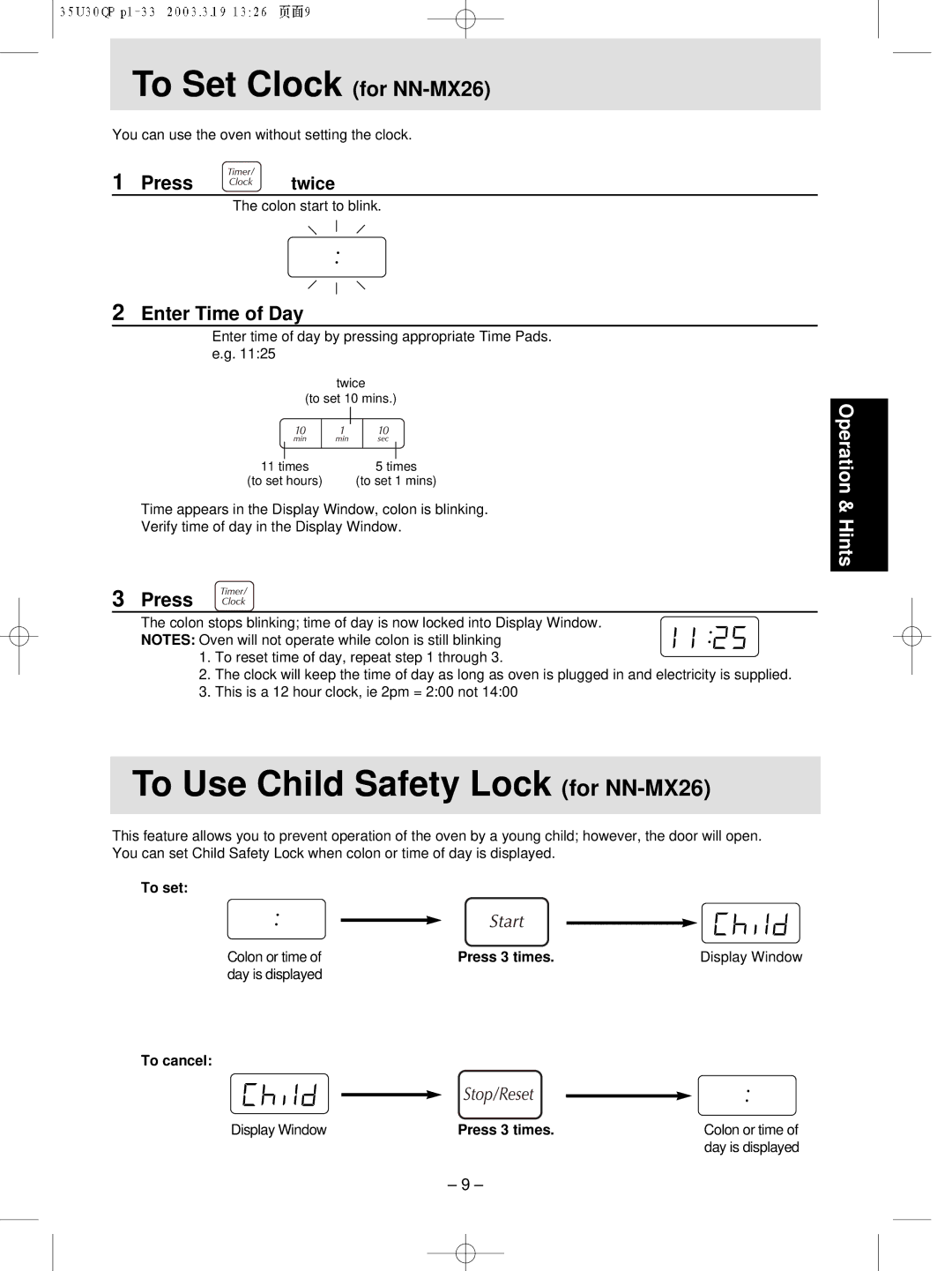 Panasonic NN-MX21 manual To Set Clock for NN-MX26, To Use Child Safety Lock for NN-MX26, Enter Time of Day, Twice 