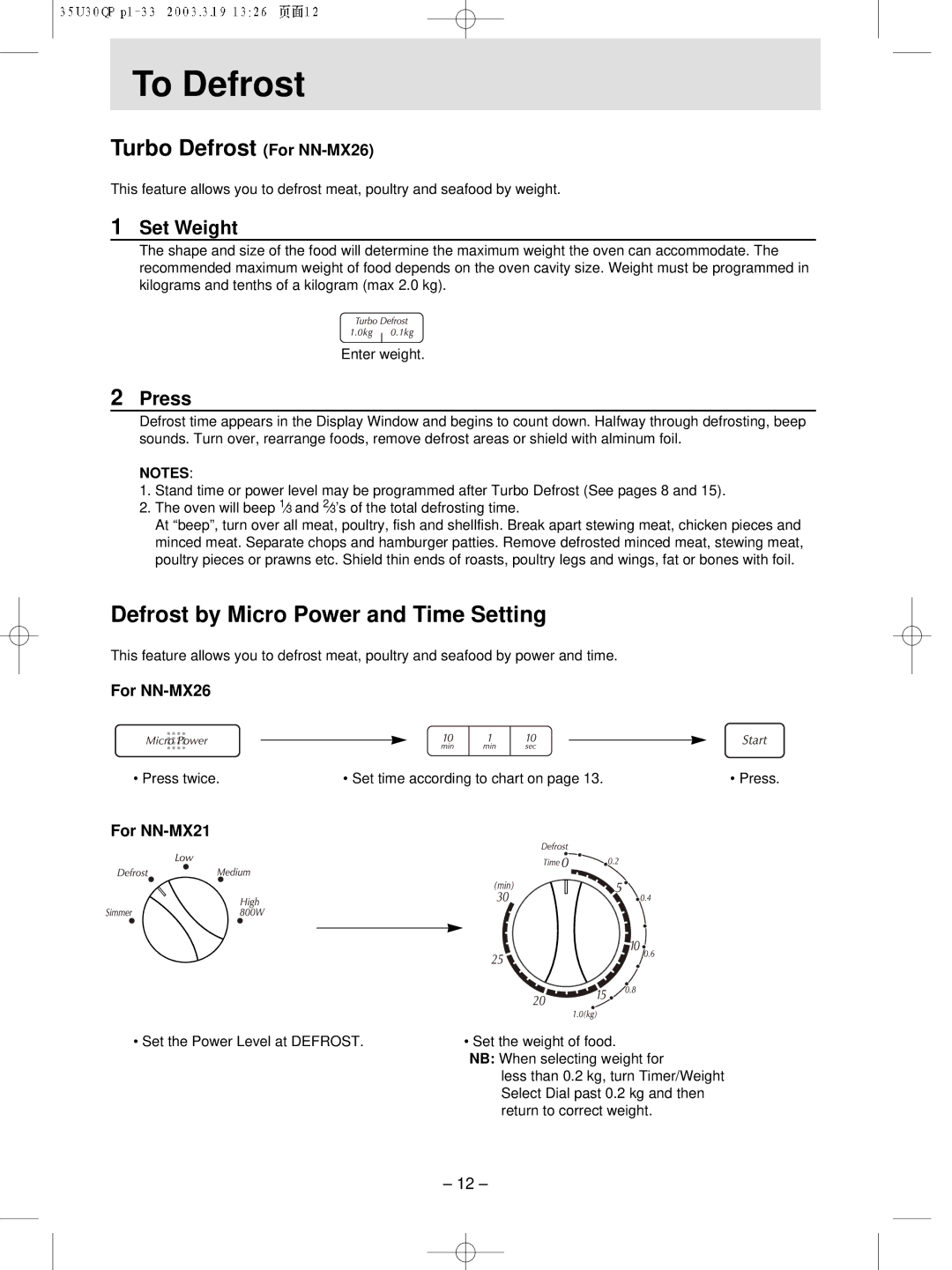 Panasonic NN-MX21 manual To Defrost, Set Weight 