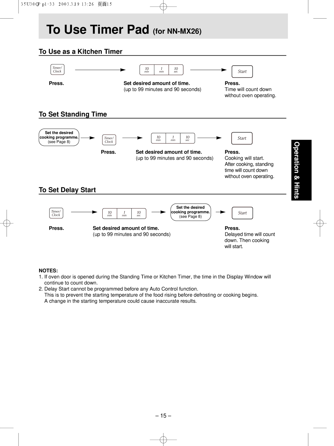 Panasonic NN-MX21 manual To Use Timer Pad for NN-MX26, To Use as a Kitchen Timer, To Set Standing Time, To Set Delay Start 