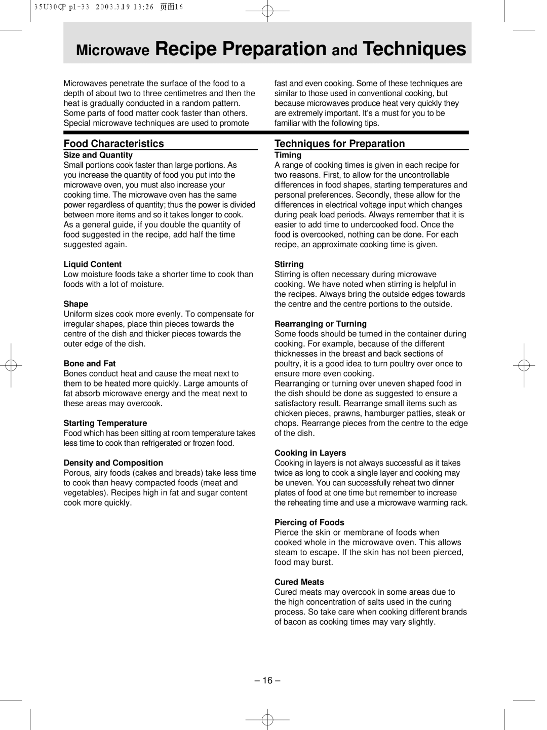 Panasonic NN-MX21 manual Food Characteristics, Techniques for Preparation 