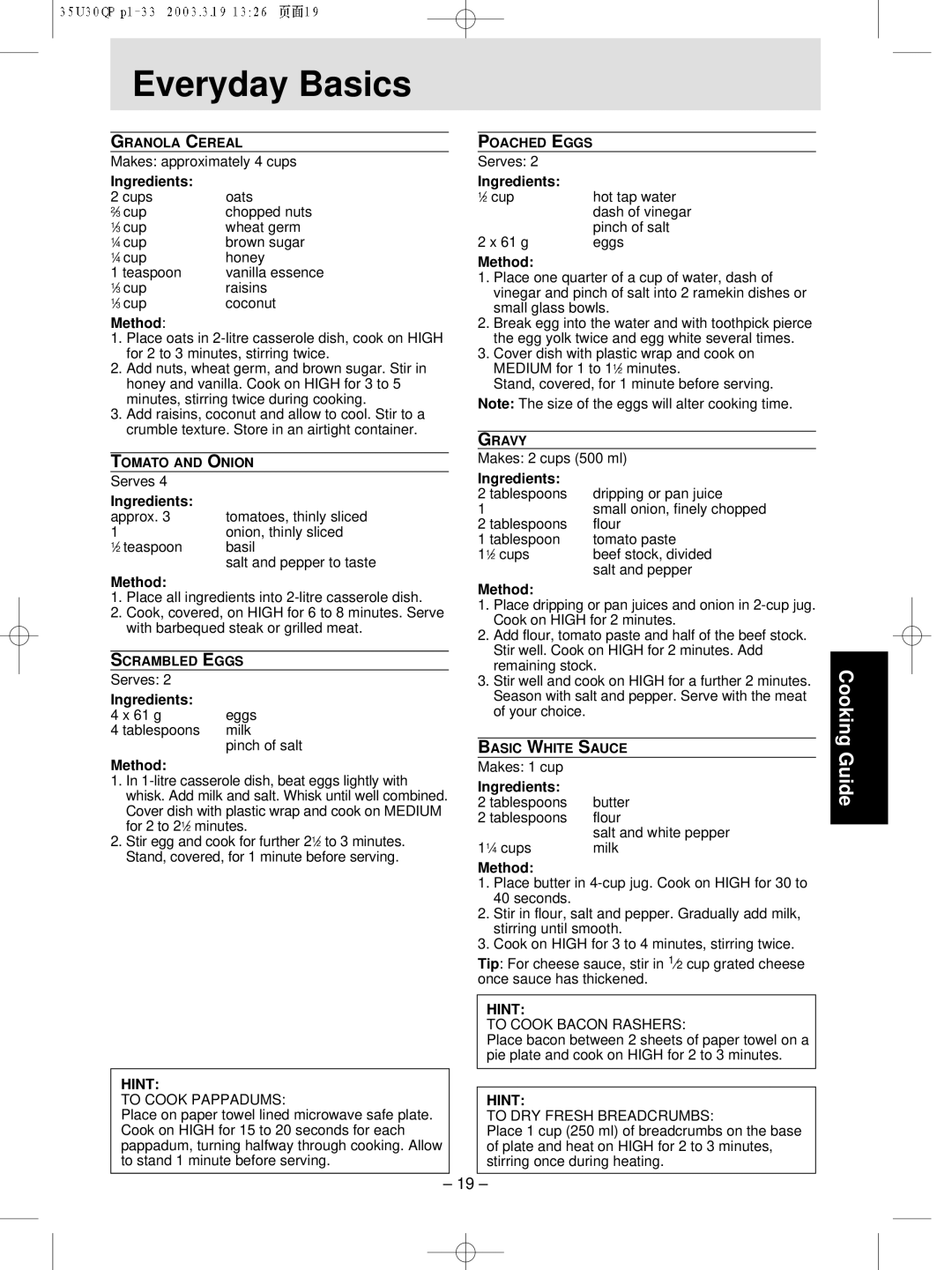 Panasonic NN-MX21 manual Everyday Basics, Ingredients, Method, Hint 