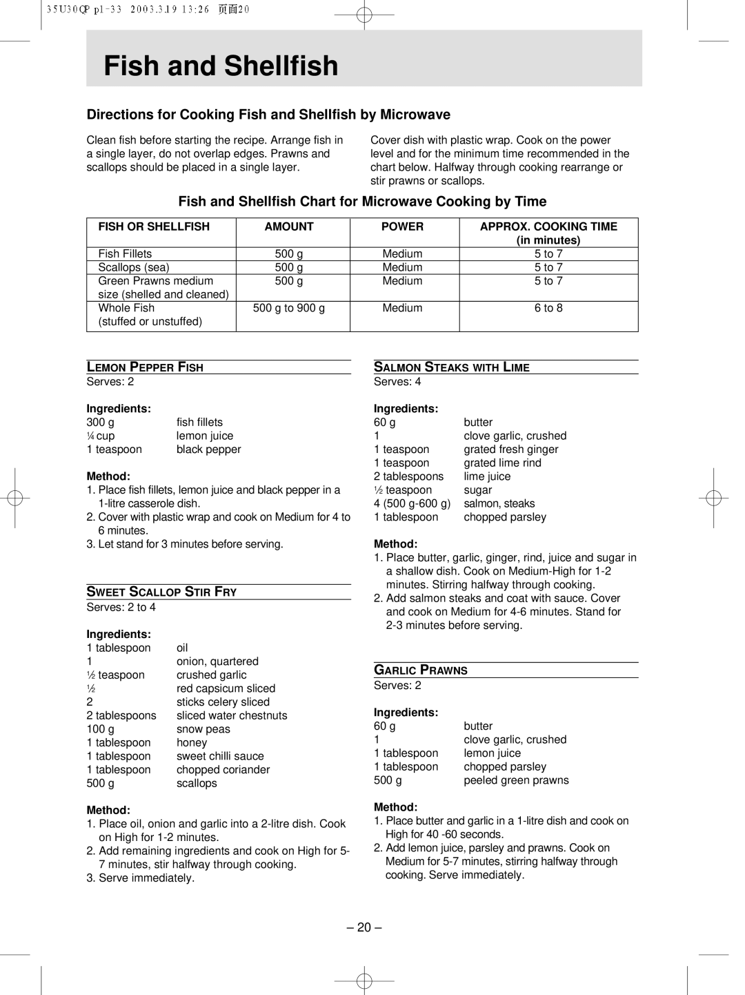 Panasonic NN-MX21 manual Directions for Cooking Fish and Shellfish by Microwave 