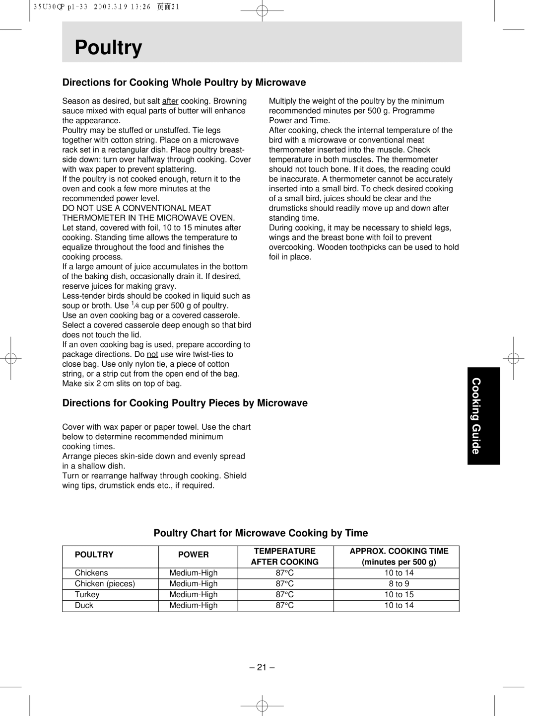 Panasonic NN-MX21 manual Directions for Cooking Whole Poultry by Microwave, Poultry Chart for Microwave Cooking by Time 