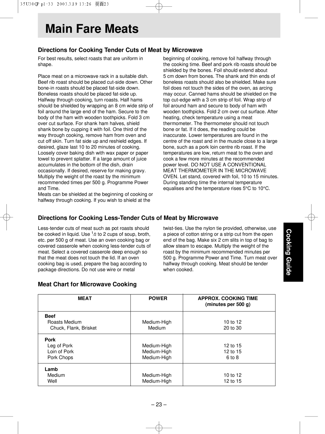 Panasonic NN-MX21 manual Main Fare Meats, Directions for Cooking Tender Cuts of Meat by Microwave 