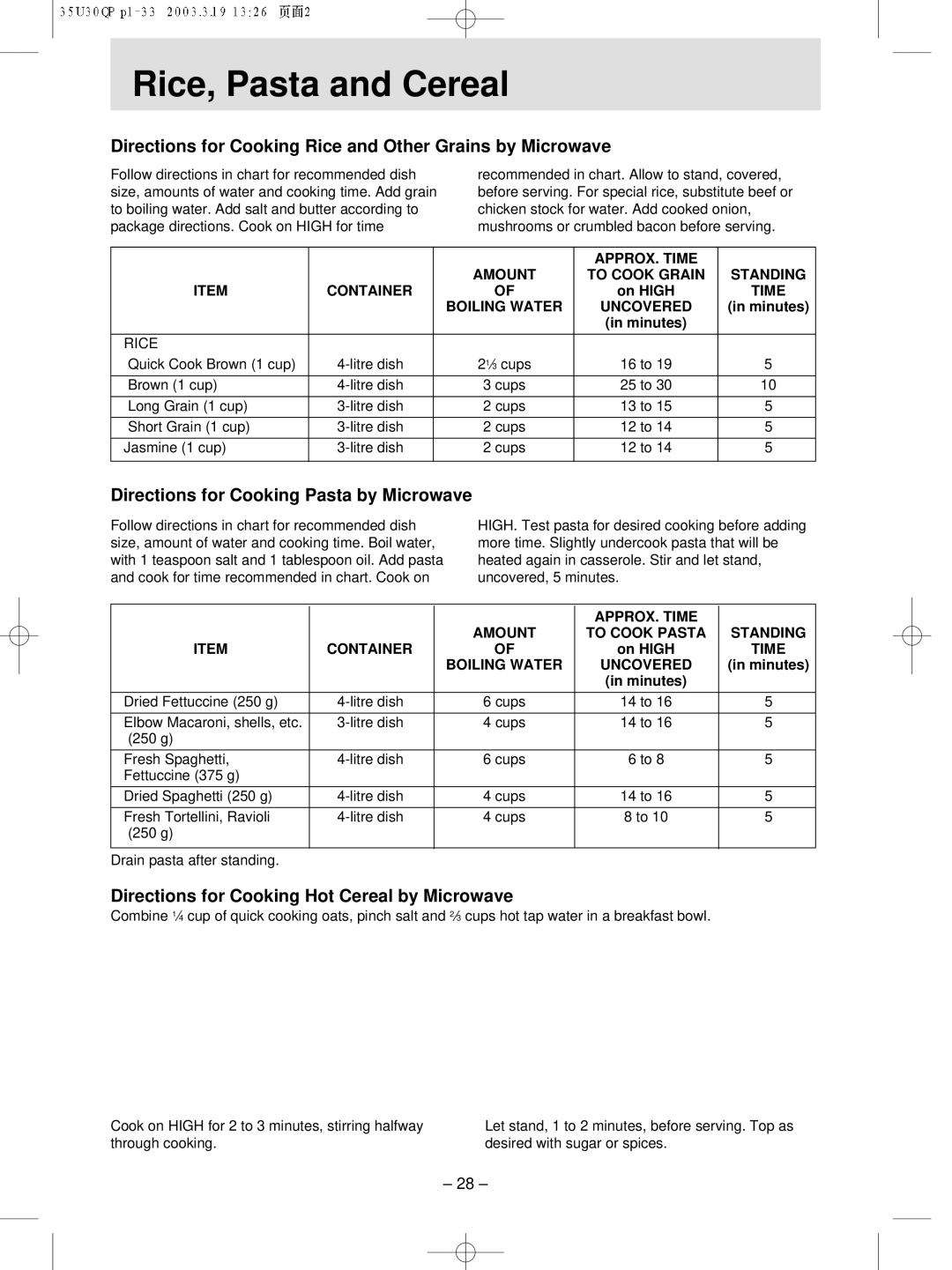 Panasonic NN-MX21 manual Rice, Pasta and Cereal, Directions for Cooking Rice and Other Grains by Microwave 