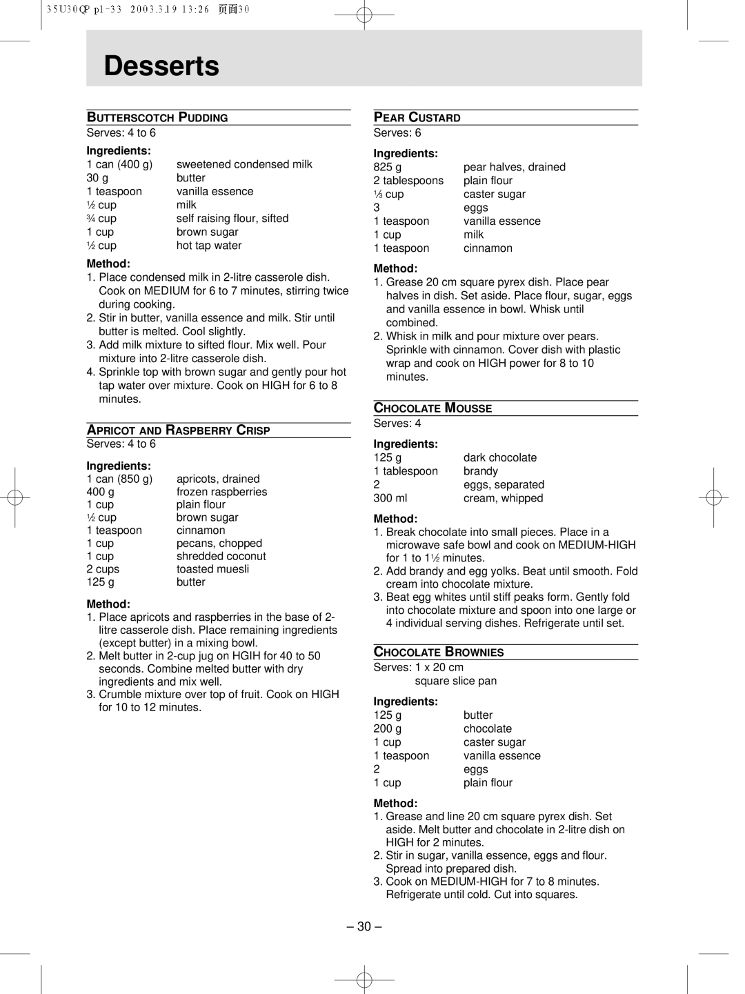 Panasonic NN-MX21 manual Desserts 