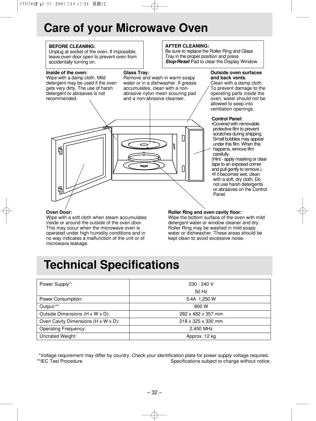 Panasonic NN-MX21 manual Care of your Microwave Oven, Technical Specifications, Before Cleaning, After Cleaning 