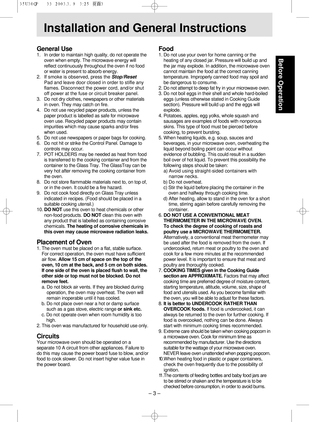 Panasonic NN-MX21 manual Installation and General Instructions, General Use, Placement of Oven, Circuits, Food 