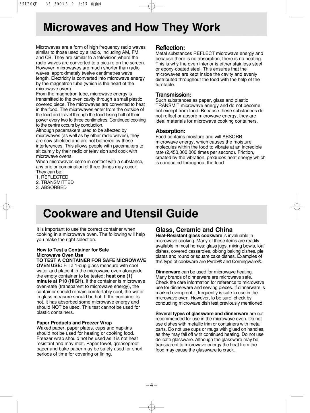 Panasonic NN-MX21 manual Microwaves and How They Work, Cookware and Utensil Guide, Reflection, Glass, Ceramic and China 